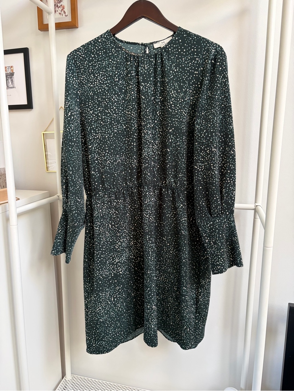 H by Halston Dark Green Long-Sleeve Printed Shift Dress